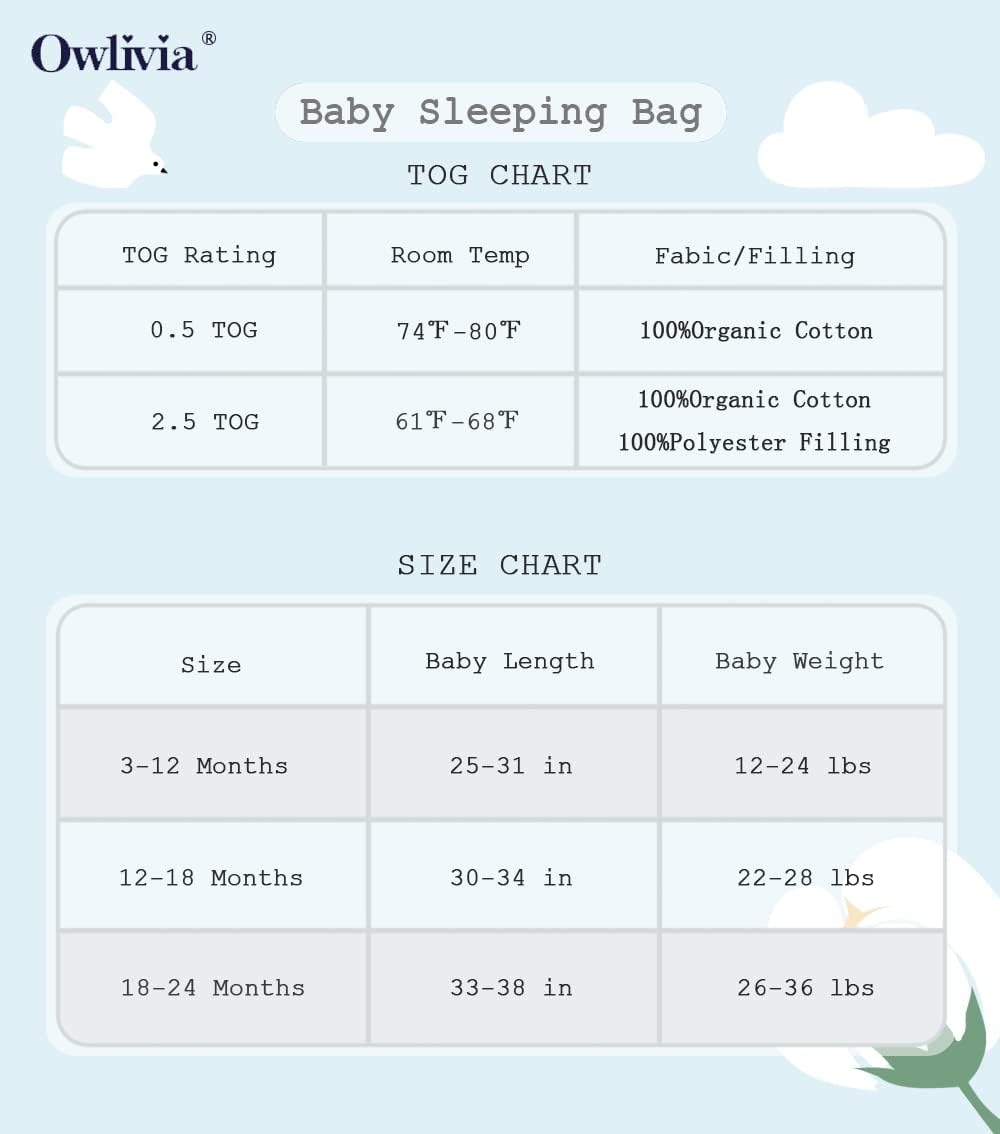 Owlivia Saco de dormir de algodón orgánico para bebé con cremallera de 2 vías, manta de algodón orgánico, saco de dormir unisex
