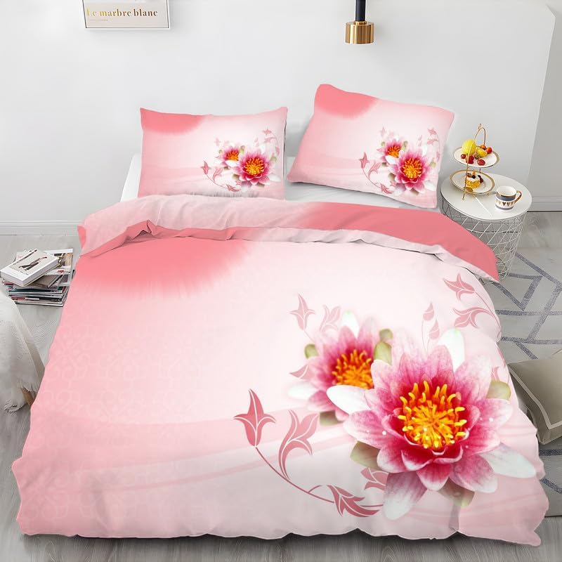 Pink Floral California King Duvet Cover Flowers Print Bedding Soft Microfiber Comforter Cover and 2 Pillow Shams 20″X36″, Bed Set Duvet Covers with