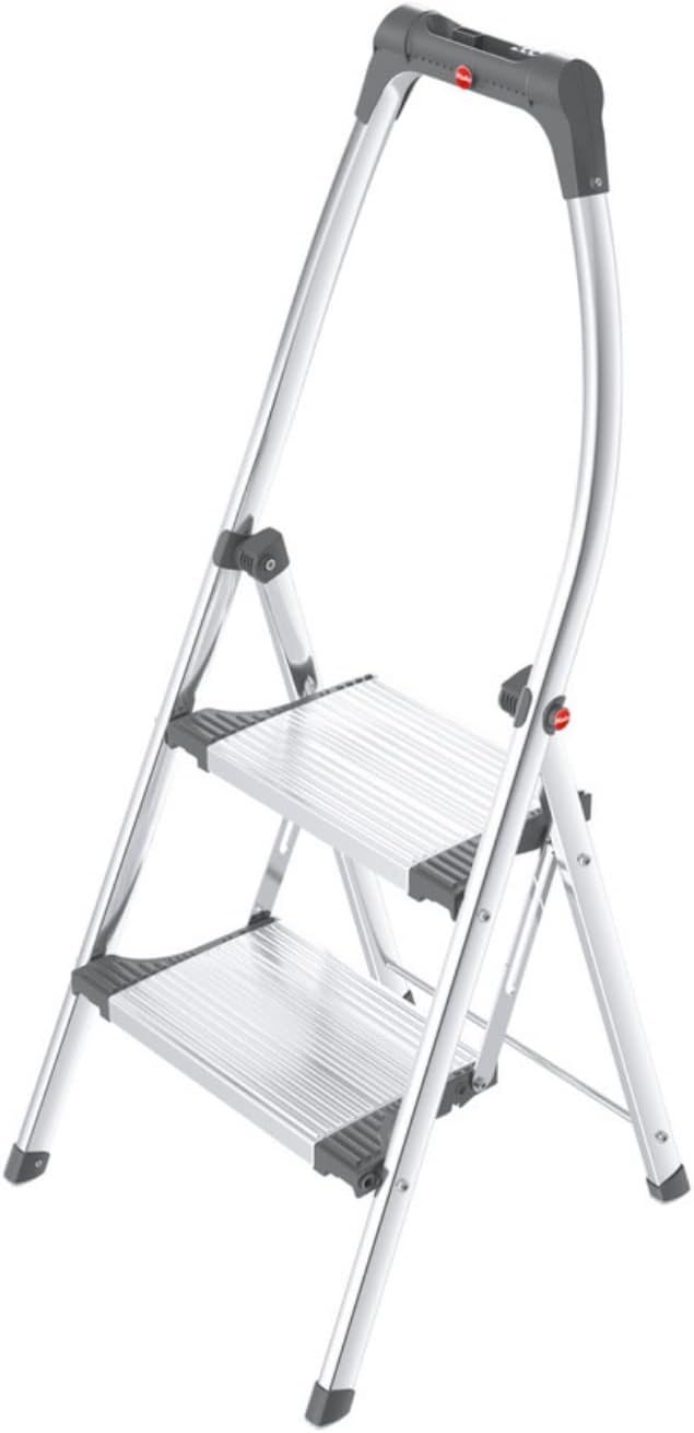 Hailo LivingStep Comfort Plus  Escalera plegable de aluminio  Dos escalones extra grandes  Escalera con barra de seguridad alta curva y bandeja de