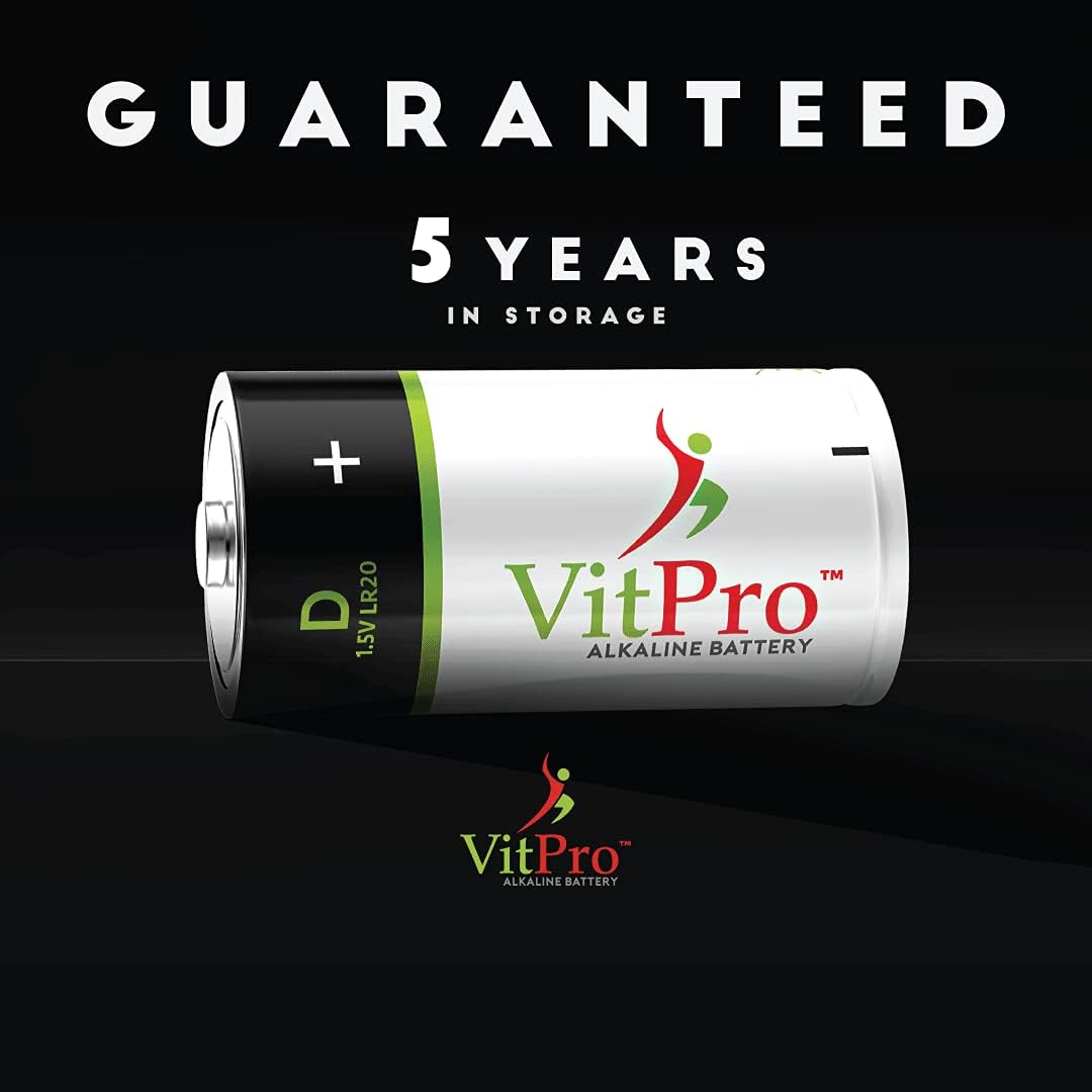 VitPro Baterías D  Paquete de 4  Baterías alcalinas multiusos  5 años de vida útil  Fácil de abrir  Baterías premium (paquete de 4)