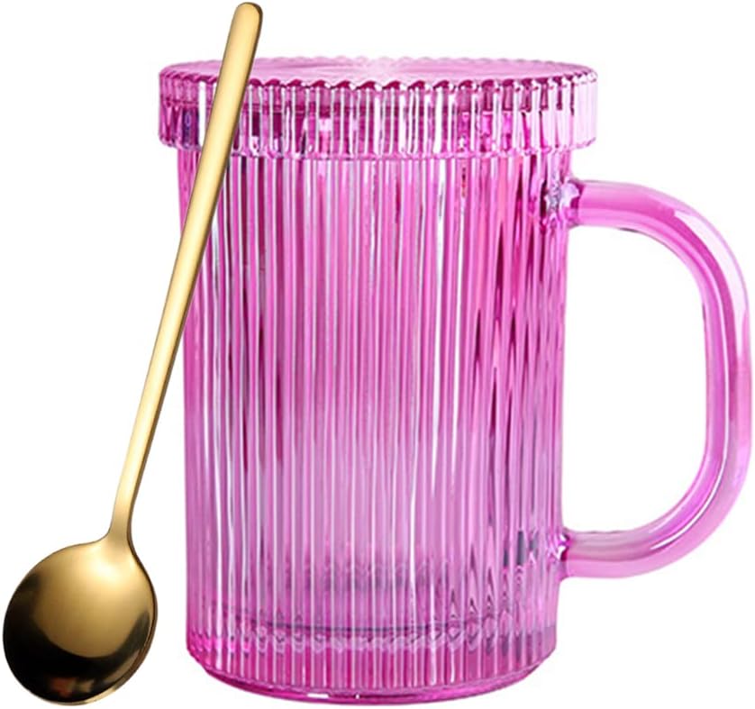 Tazas de café de vidrio transparente acanaladas vintage de 11 onzas, taza de café clásica con rayas verticales con tapa de vidrio para compromiso,