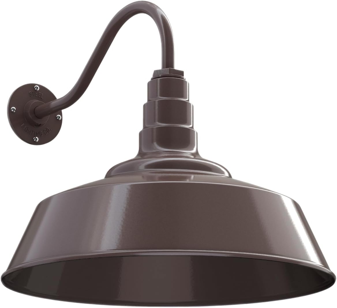 Steel Lighting Co. Redondo – Luz de granero  Montaje en pared al aire libre  Cúpula de 20 pulgadas  Cuello de cisne de 16 pulgadas  Luz grande de