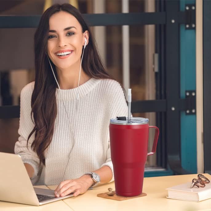 JEAREY Vaso de 30 onzas con asa, vaso de acero inoxidable con tapa y popote, vaso aislado de viaje para bebidas calientes y bebidas frías, vasos