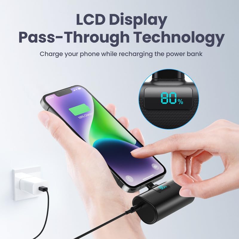 Cargador portátil pequeño para iPhone, mini banco de energía con certificación MFi de 5200 mAh, cargador de teléfono portátil de viaje de carga