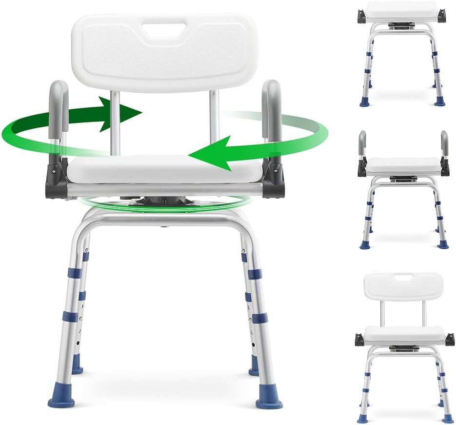 GreenChief Silla de ducha giratoria para ducha interior, silla de baño para discapacitados con brazos caídos y respaldo, asiento de ducha giratorio