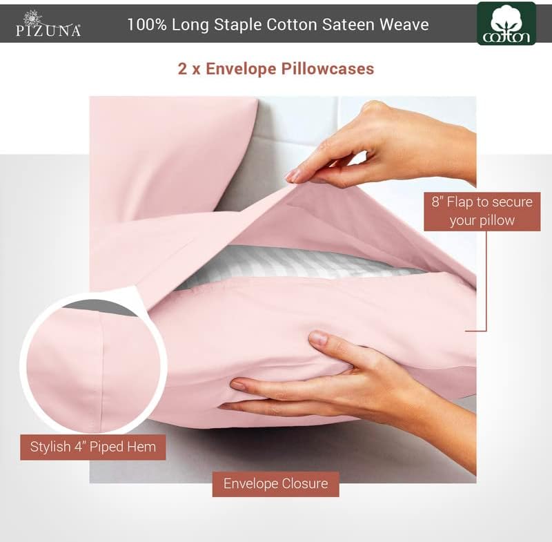 Pizuna Funda de almohada de algodón de 400 hilos, tamaño Queen, paquete de 2 unidades, color rosa claro, 100% algodón de fibra larga, tejido de