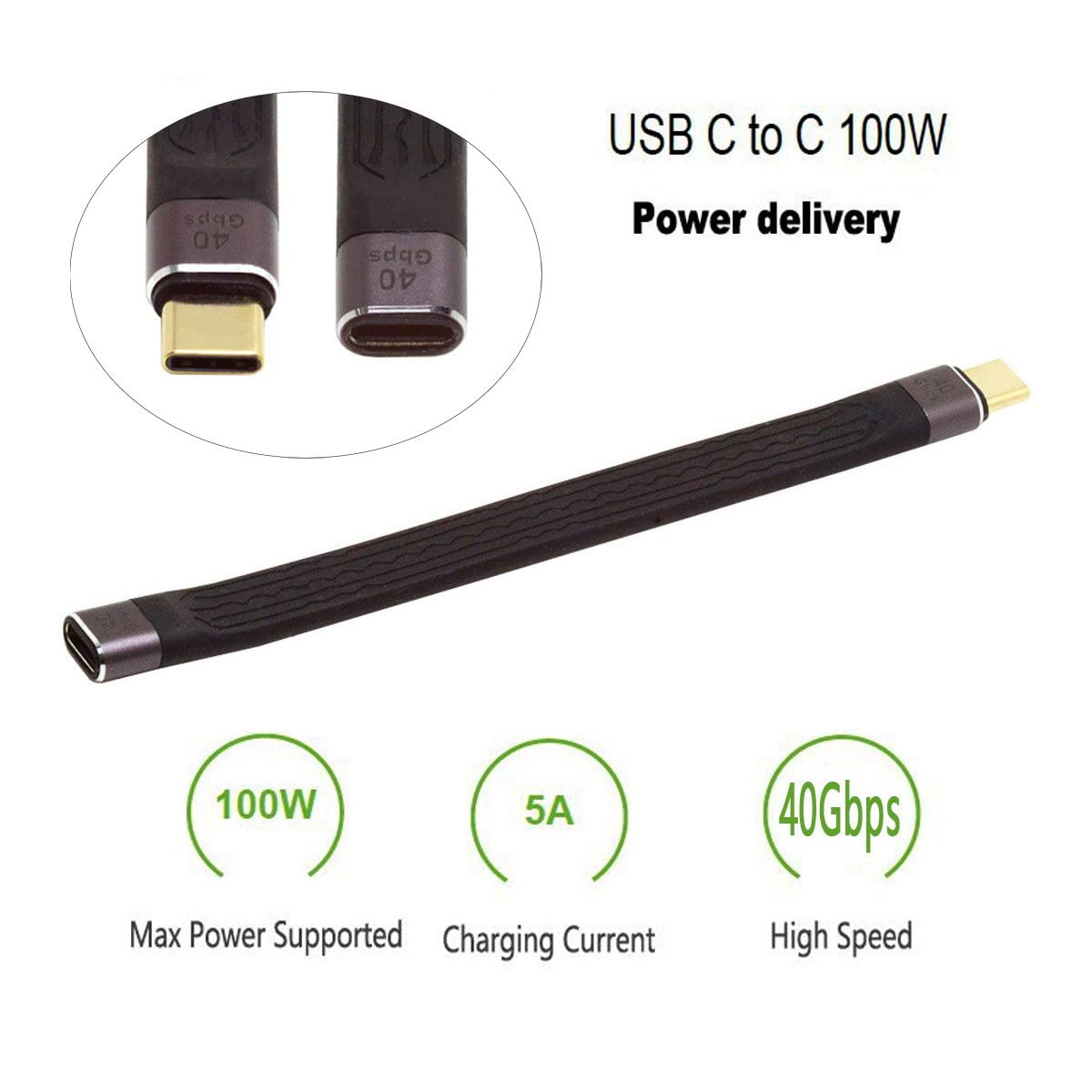 CY Cable de extensión USB4 macho a hembra de 5.1 in delgado plano macho toF 40 Gbps con carga de 100 W y 8 K a 60 Hz