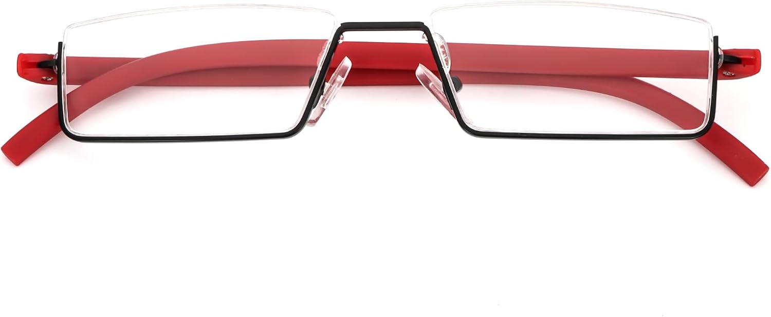 REAVEE Elegantes gafas de lectura de medio marco para mujeres damas media lente ligero rectángulo metal lectores portátiles con estuches, rojo +3.0
