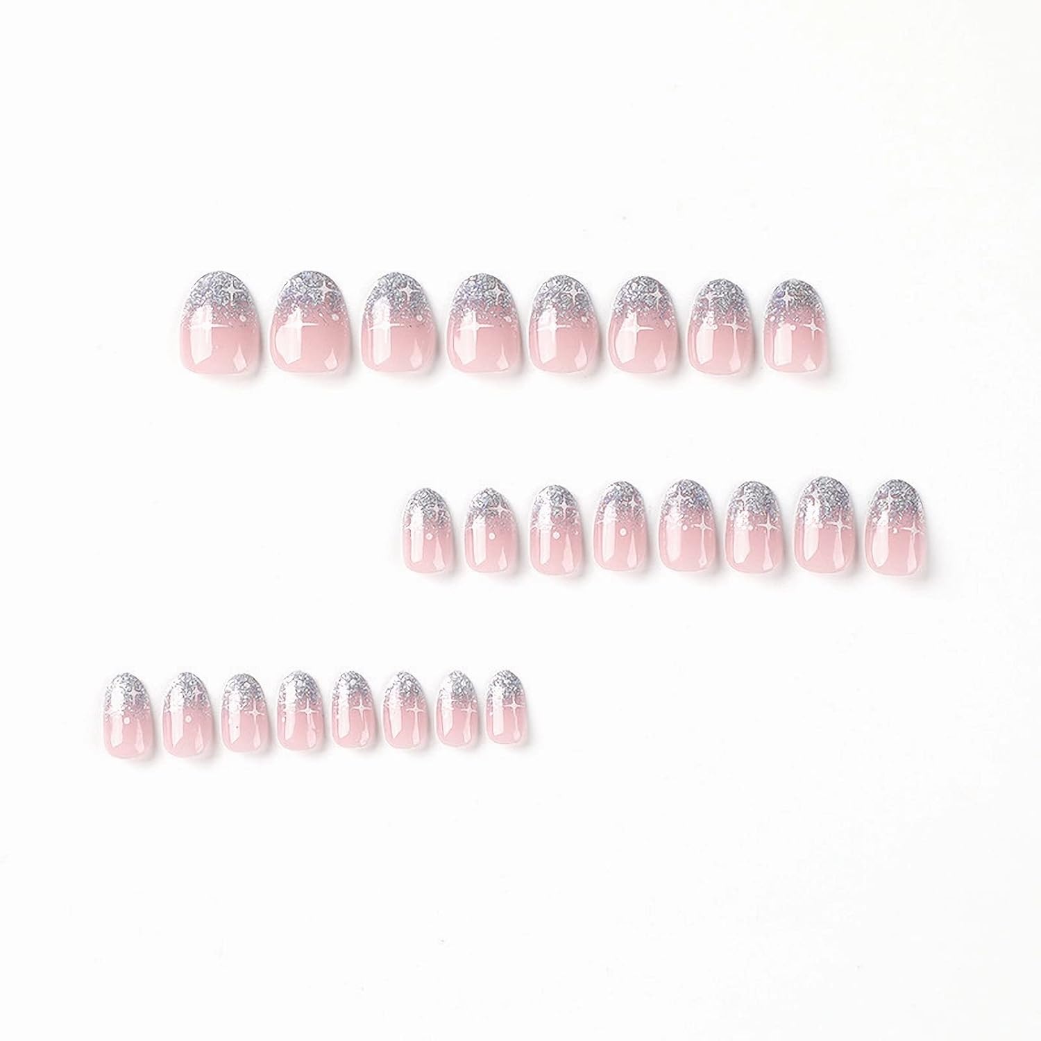 MISUD Uñas postizas cortas redondas a presión, ovaladas, con pegamento brillante, uñas acrílicas brillantes con purpurina, uñas artificiales con