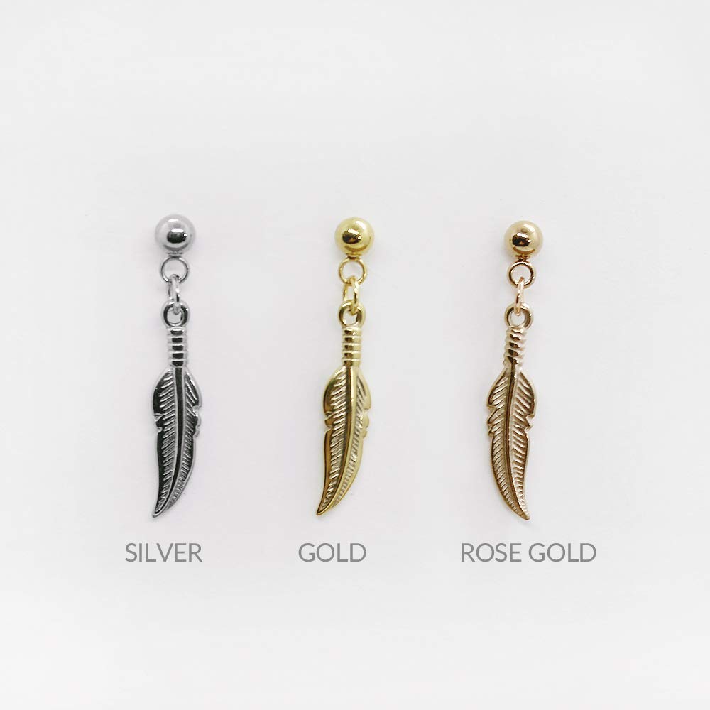 20g, 16g Feather cartilage earring, Rose Gold helix earring, Tragus ear stud labret, cartilage jewelry, Stainless Steel, Sold individually
