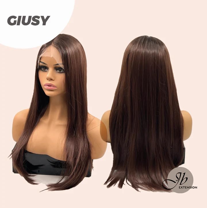 GIUSY – Peluca de encaje frontal, pelucas largas y rectas de color marrón para mujer, pelucas sintéticas naturales para uso diario (pelucas de