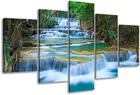 SZ – Lienzo decorativo para pared en cascada para sala de estar, 5 piezas de impresiones de estanque relajante en bosque tropical (montaje con