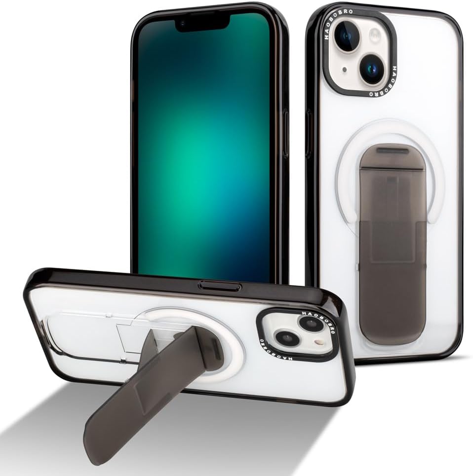 Funda diseñada para iPhone 15 con soporte, compatible con MagSafe, parte trasera de policarbonato transparente antiarañazos + parachoques de TPU a
