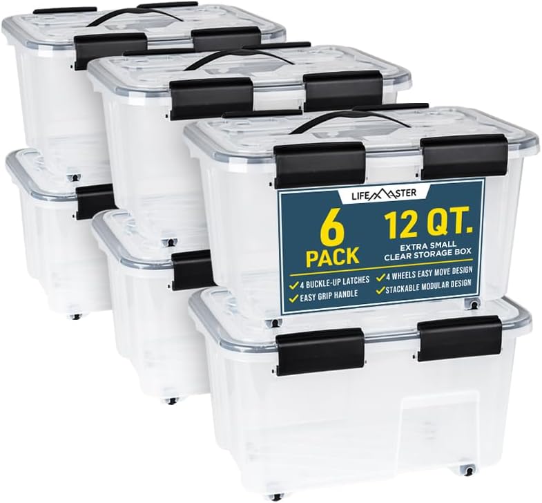 6 cajas de almacenamiento apilables de 12 cuartos de galón, plástico transparente con sello negro, diseño modular y encajable, cierres seguros,
