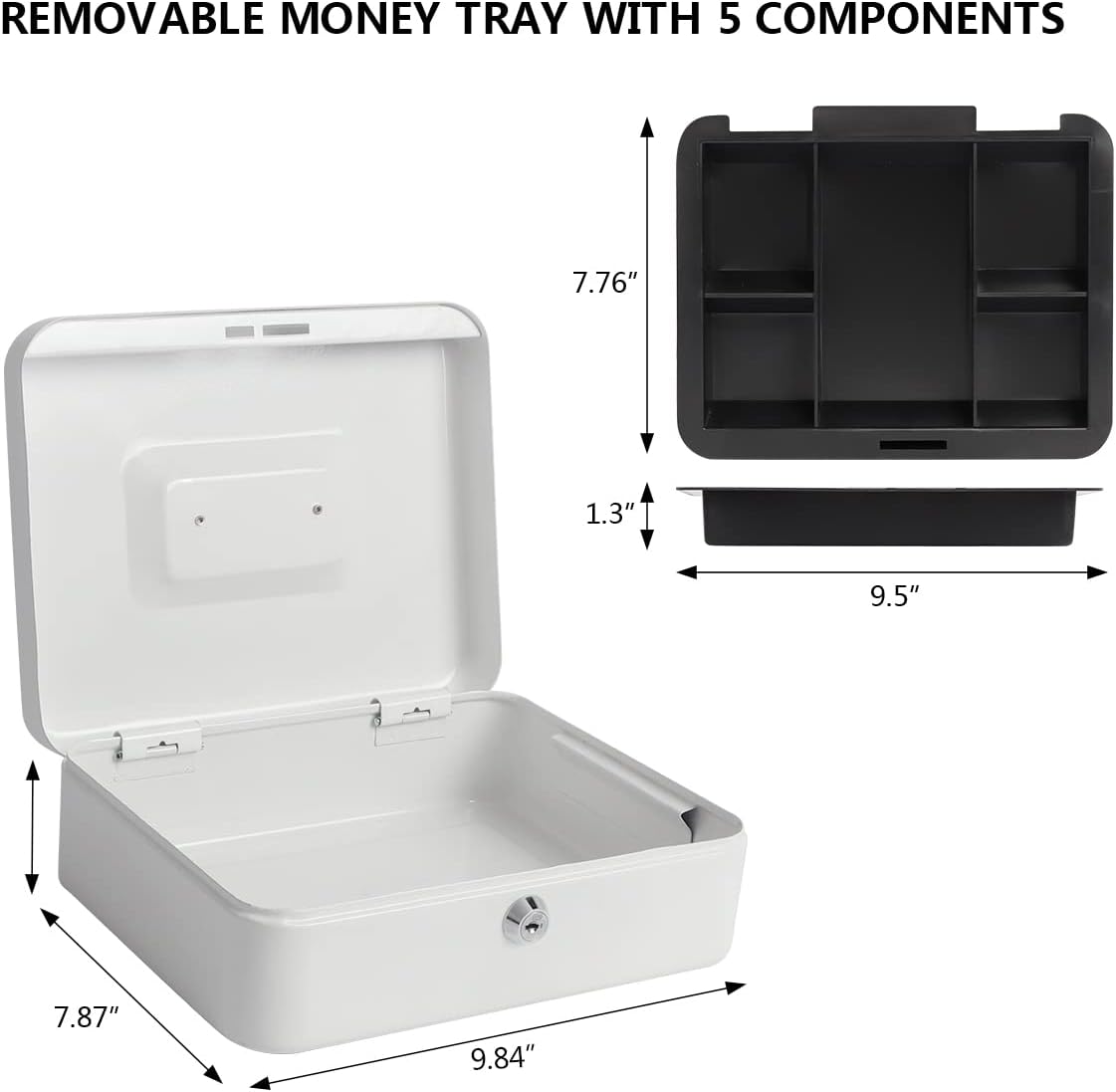 Kasten Caja de efectivo con bandeja para dinero y cerradura de llave, organizador de dinero para efectivo, 9.84 x 7.87 x 3.54 pulgadas, blanco medio