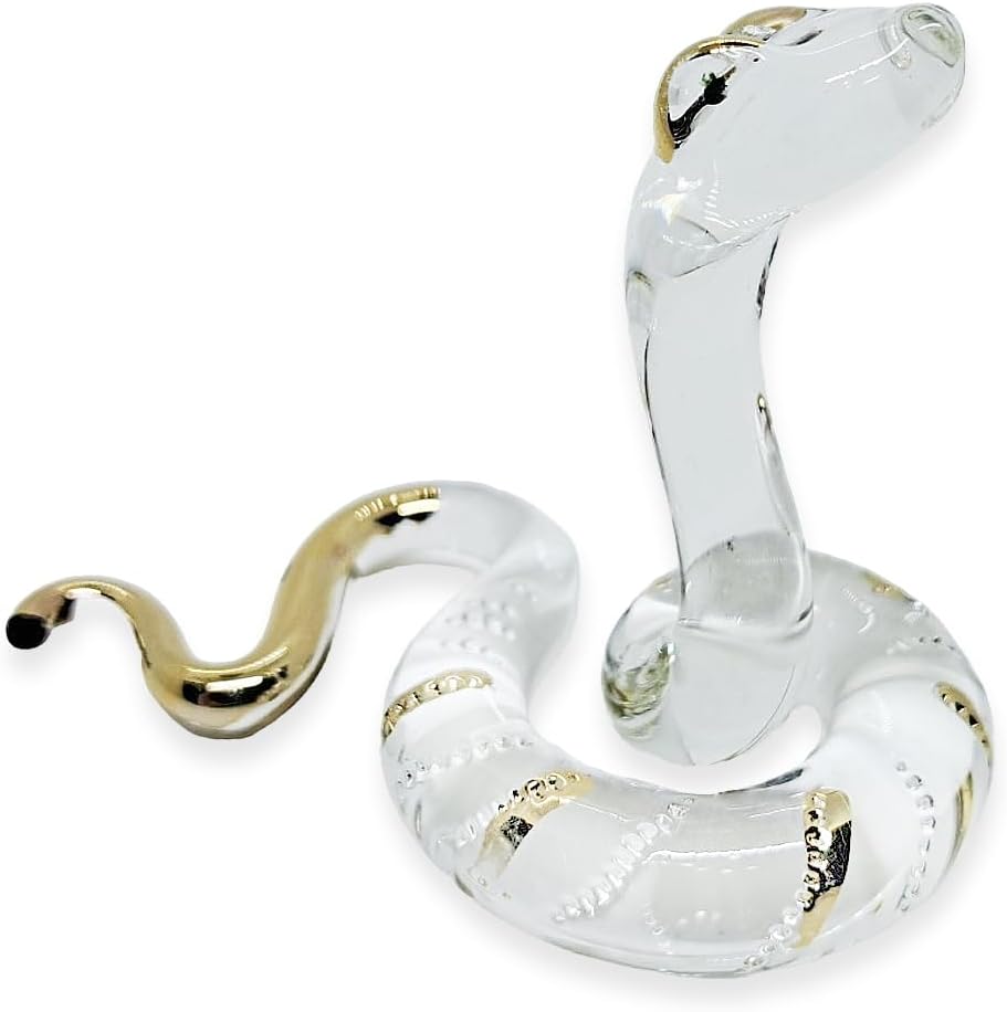 Pequeña figura de serpiente de cristal con cabeza de elevación de oro transparente de 2 pulgadas de largo, arte de animales coleccionables,