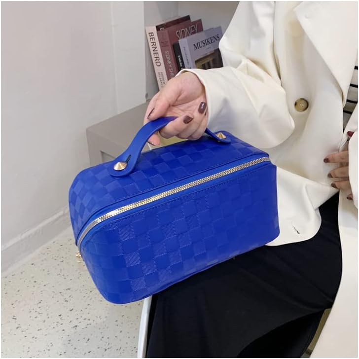 CIREA Bolsa de cosméticos de viaje de gran capacidad marrón a cuadros bolsa de maquillaje PU cuero impermeable bolsa de cuidado de la piel con mango