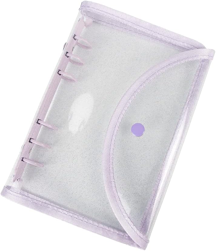 Carpeta A6 con purpurina transparente de PVC suave, carpeta de 6 anillas, color morado, recargable, con cierre de botón a presión, para organizador