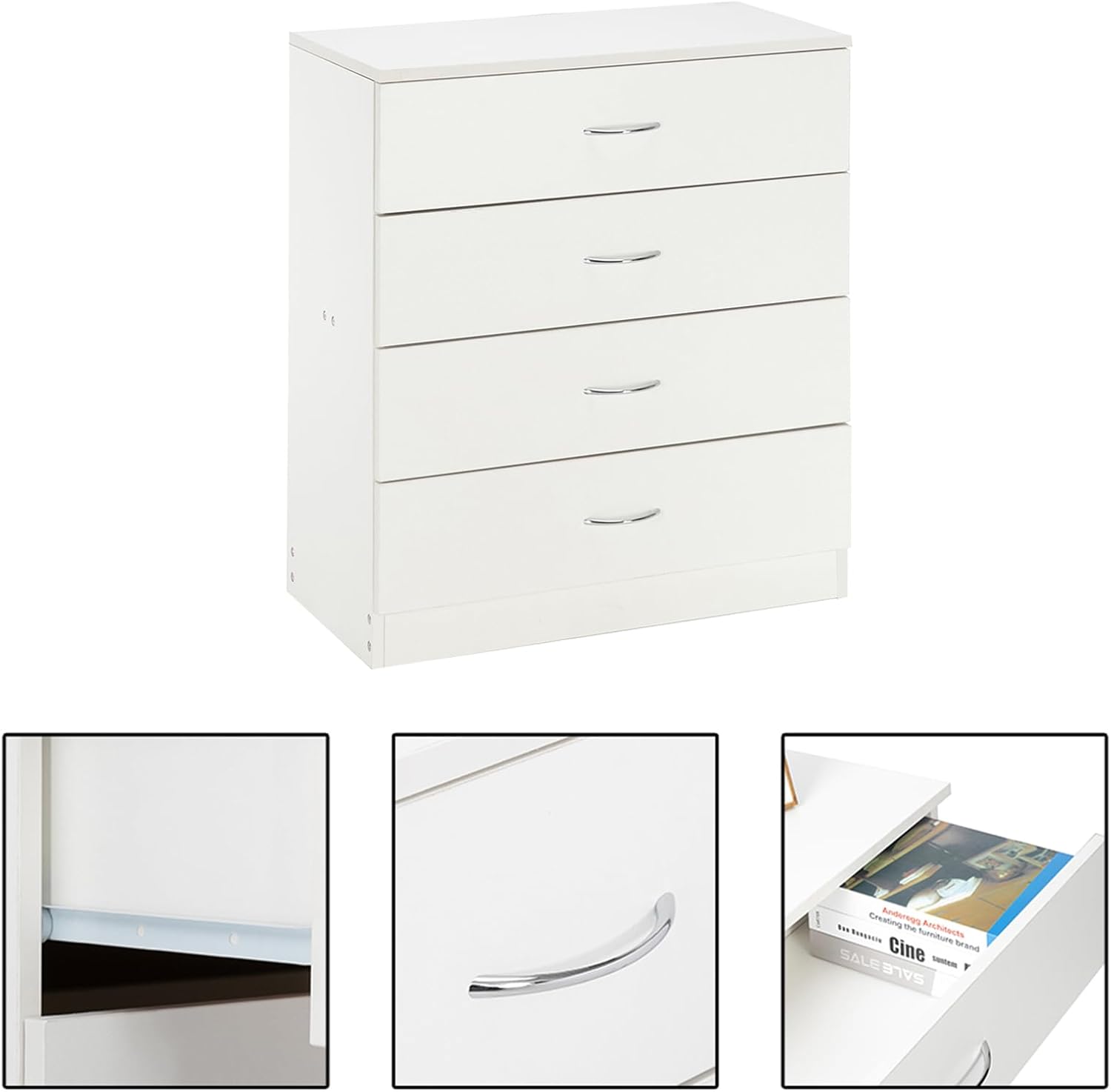 Imseigo Mesita de noche blanca con 4 cajones, mesita de noche blanca para dormitorio con mango de metal, mesa auxiliar de sofá con 4 cajones para