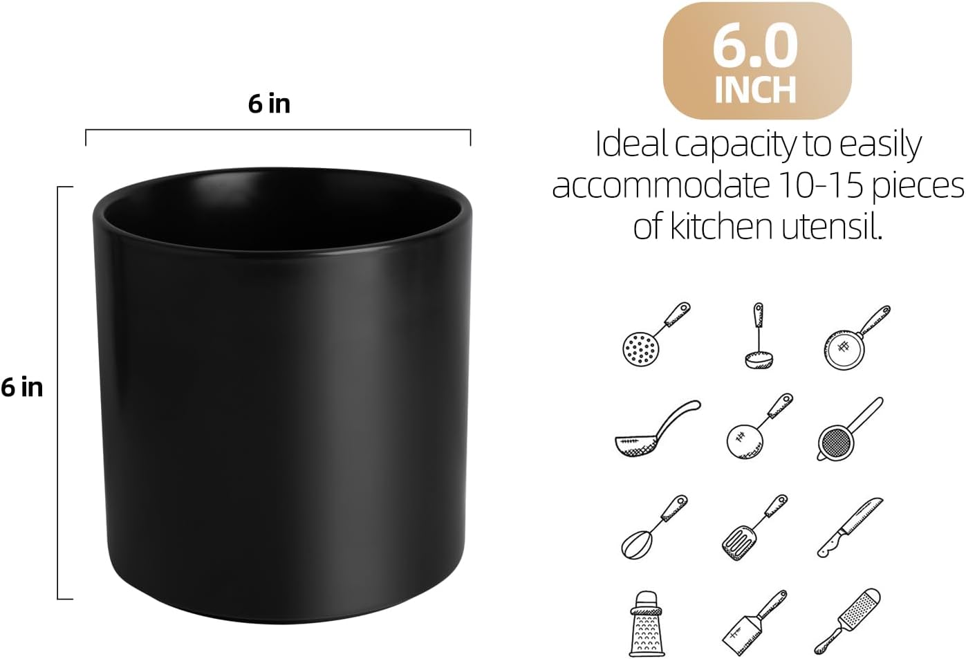 KITCHENLESTAR Soporte para utensilios de cocina grande de 6 pulgadas, organizador de utensilios de cocina de cerámica blanca con parte inferior de