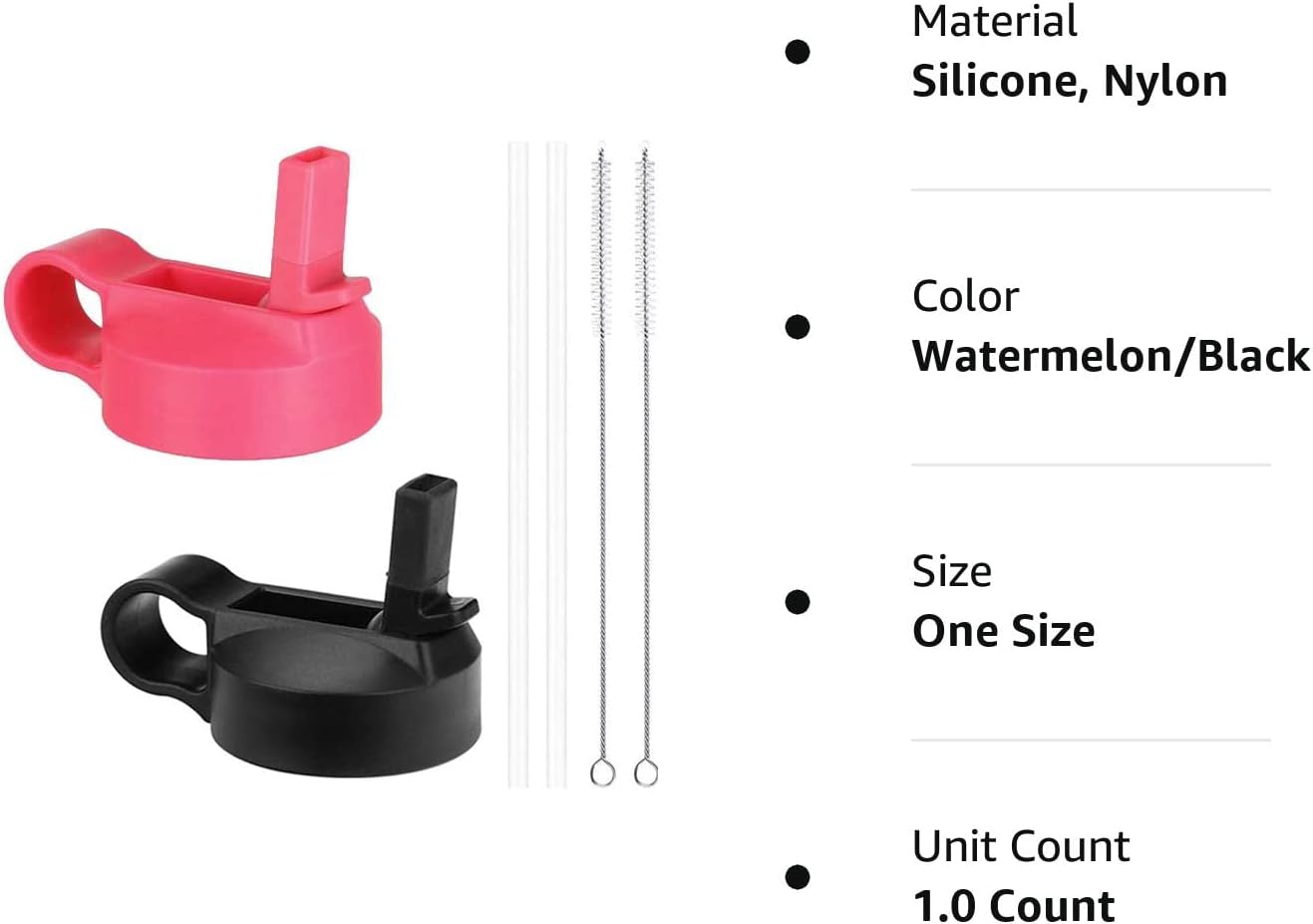 Wide Mouth Straw Lids Compatible with Most Sports Water Bottles, 2 Lids 2 Long Straws 2 Brushes in 1 Value Pack. (WatermelonBlack)