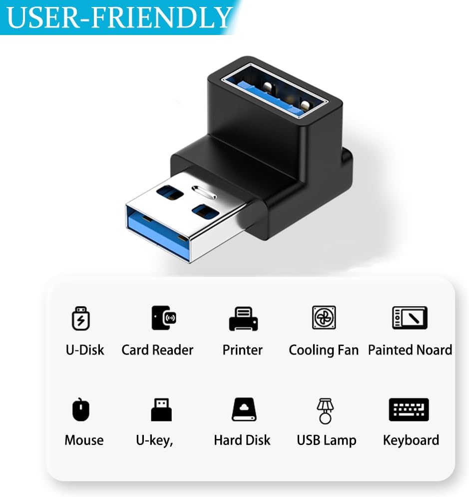 Warmstor Paquete de 6 adaptadores USB 3.0 macho a hembra de 10 Gbps hacia arriba hacia abajo a la izquierda derecha 90 grados de ángulo recto cable