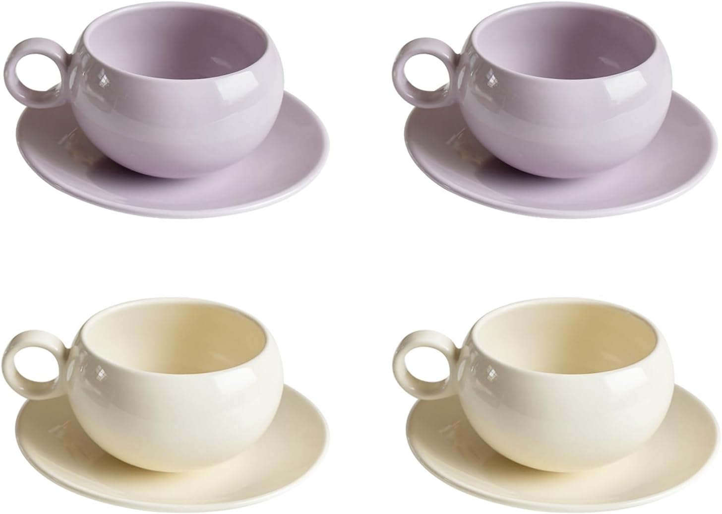 Taza de café de cerámica con platillo, 9 onzas para bebidas de café, café con leche, moca de café, leche y té (2 x crema + 2 x morado)