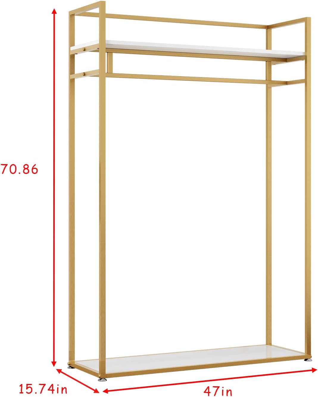 Perchero de ropa resistente con estantes para colgar ropa, perchero independiente de metal dorado para exhibición minorista (47.24 pulgadas de largo)