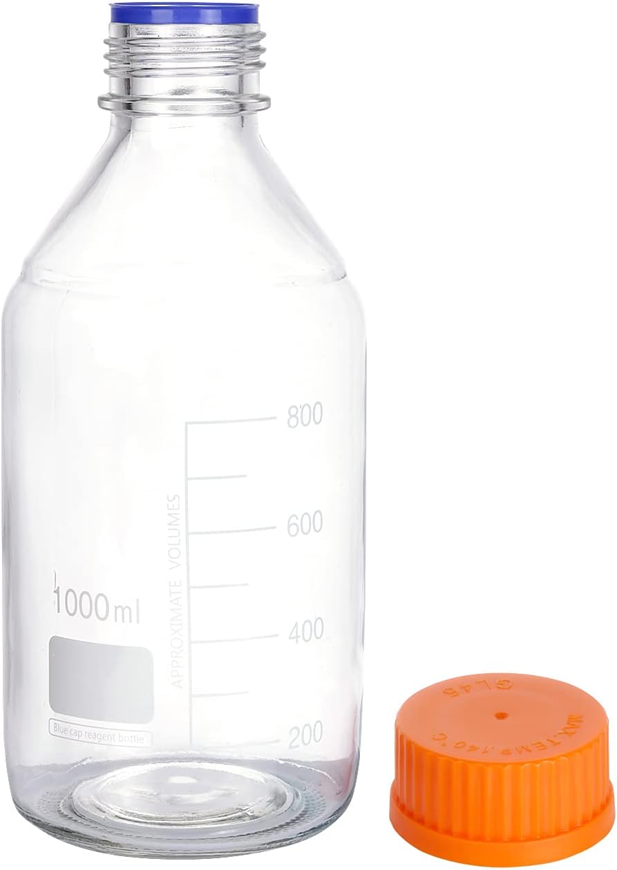 4 piezas 33.8 fl oz graduado redondo reactivo mediosbotella de vidrio de almacenamiento con GL45 naranja polipropileno tapón de rosca