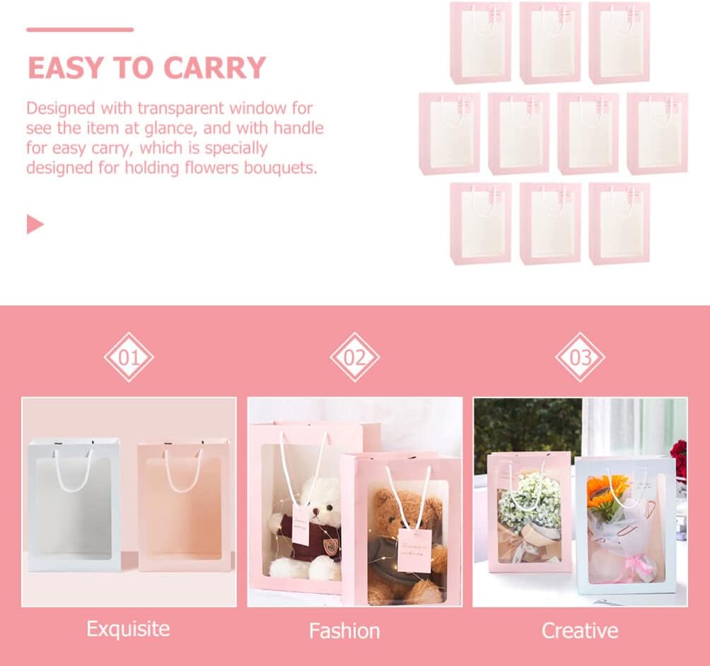 iplusmile 10 bolsas de regalo rosas con ventana, bolsas de regalo de ramo de flores con asas de 13.4 x 9.1 x 3.9 pulgadas, bolsa de compras de papel