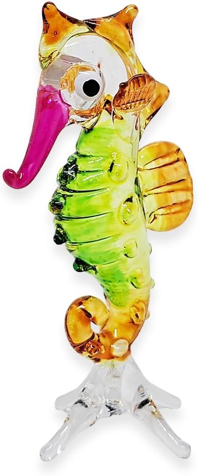 ChangThai Design Pequeña figura de caballito de mar de 2 pulgadas de alto, verde, amarillo, rosa, animal de vidrio soplado a mano, multicolor,