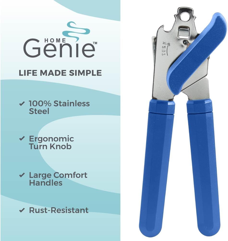 Home Genie Hoja de acero inoxidable y abrelatas manual resistente al óxido, perilla de giro fácil de mano, corte de borde liso en las tapas, asas