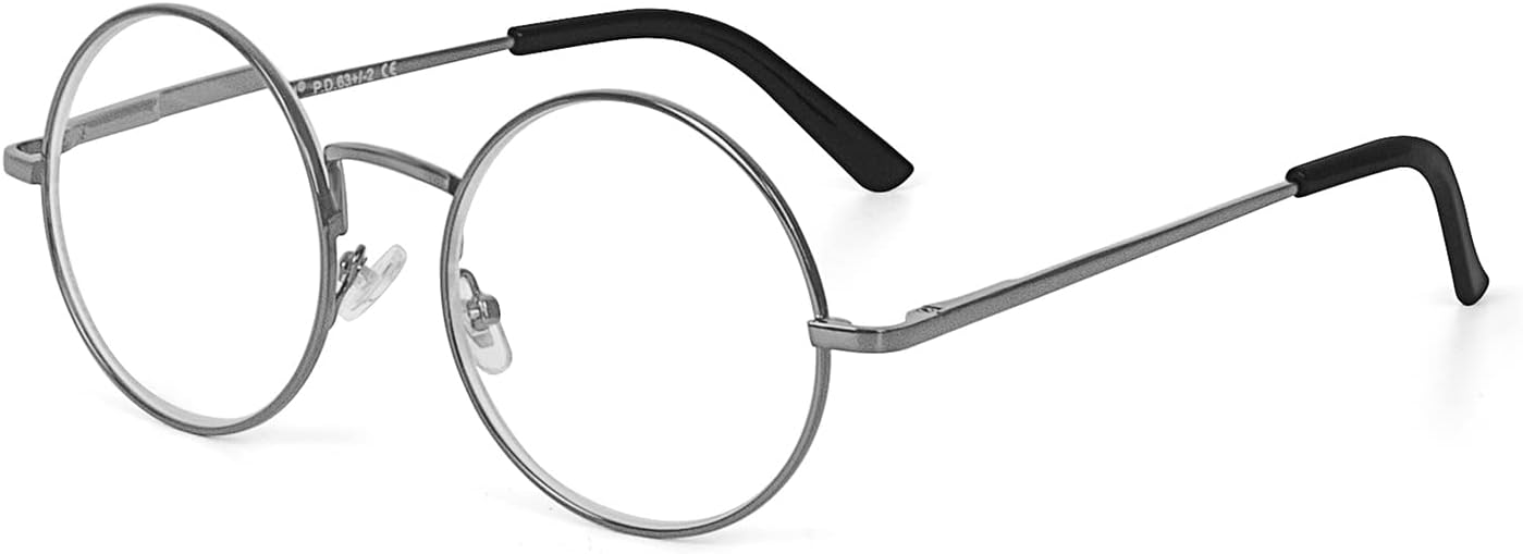 Gafas de lectura redondas con marco de metal con bisagra de resorte (negro, plateado y plomo)