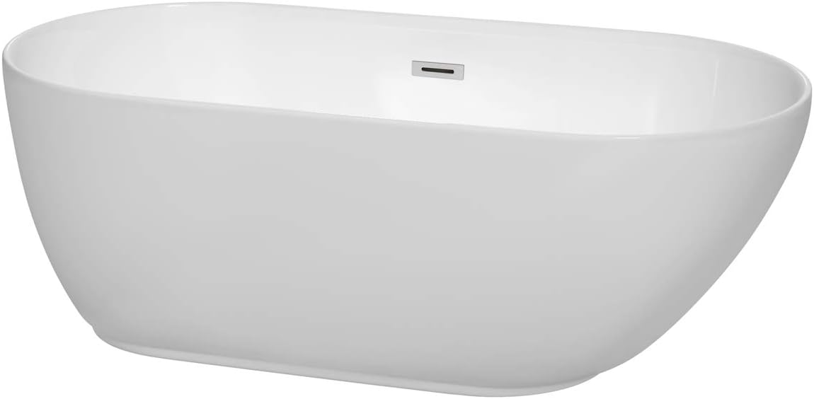 Melissa – Bañera independiente de 60 pulgadas, color blanco, con drenaje cromado pulido y ribete de desbordamiento
