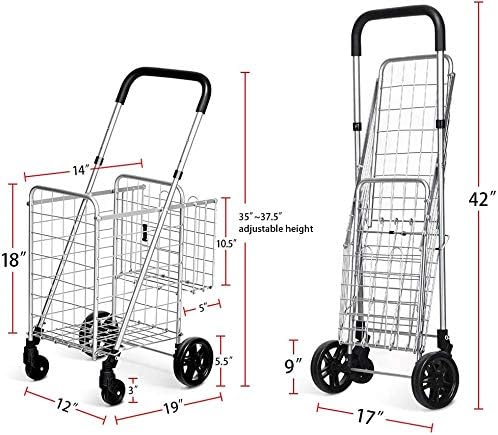 Carrito de compras plegable, carrito de supermercado de doble cesta con barra de mango ancho ajustable y ruedas giratorias, adecuado para libros de