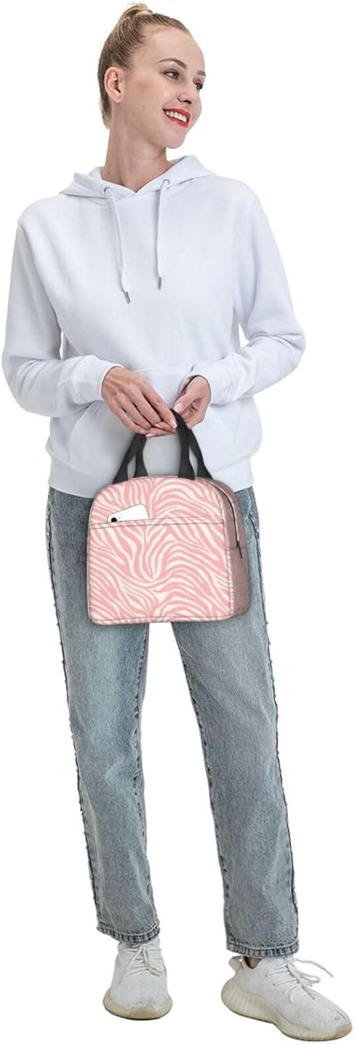 Bolsa de almuerzo portátil con estampado animal de cebra rosa para mujeres y hombres, bolsa de almuerzo reutilizable para