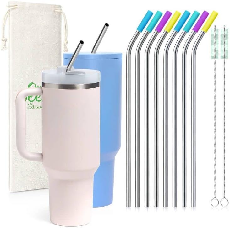 8 popotes de acero inoxidable doblados de 14 de pulgada (0.236 in) de ancho para vaso de 40 onzas con asa, popotes de metal reutilizables de 12
