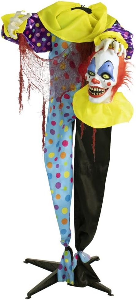 Haunted Hill Farm Payaso parlante animatrónico de tamaño real con luces y sonidos activados por el tacto, funciona con pilas, decoración de