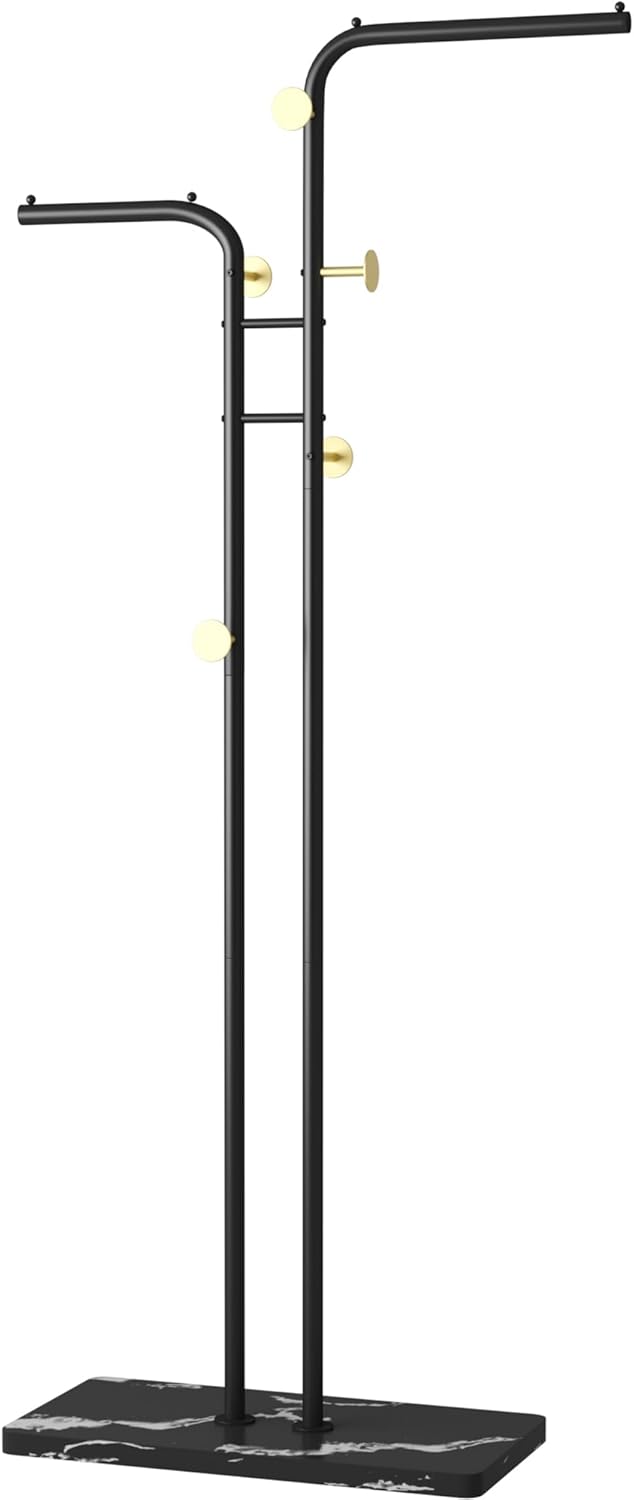 HOMEFORT Perchero de doble polo, perchero de metal independiente, soporte para sombrero de ropa con 5 ganchos para armario, dormitorio, entrada,