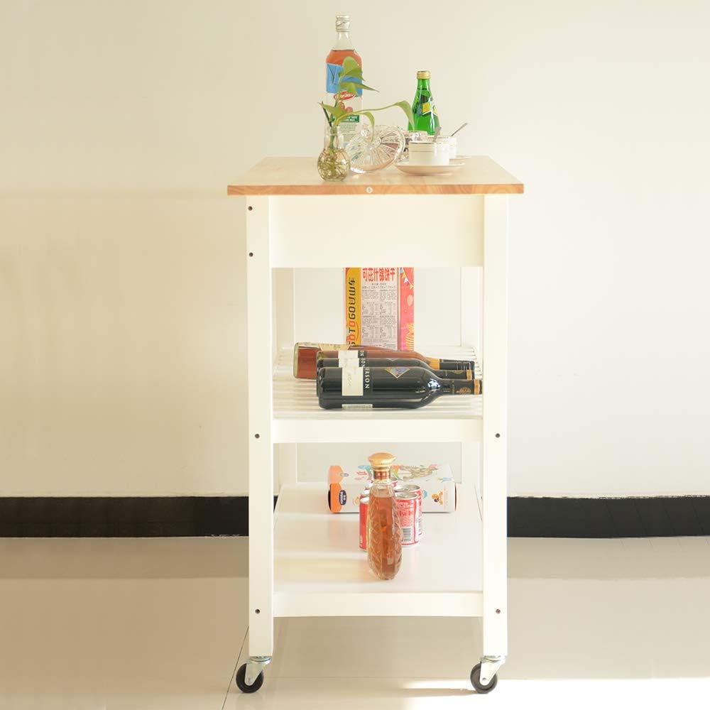GLANZEND Carrito de isla de cocina, isla de cocina móvil con estante de almacenamiento, cajón, 2 ruedas con cerradura, parte superior de madera de