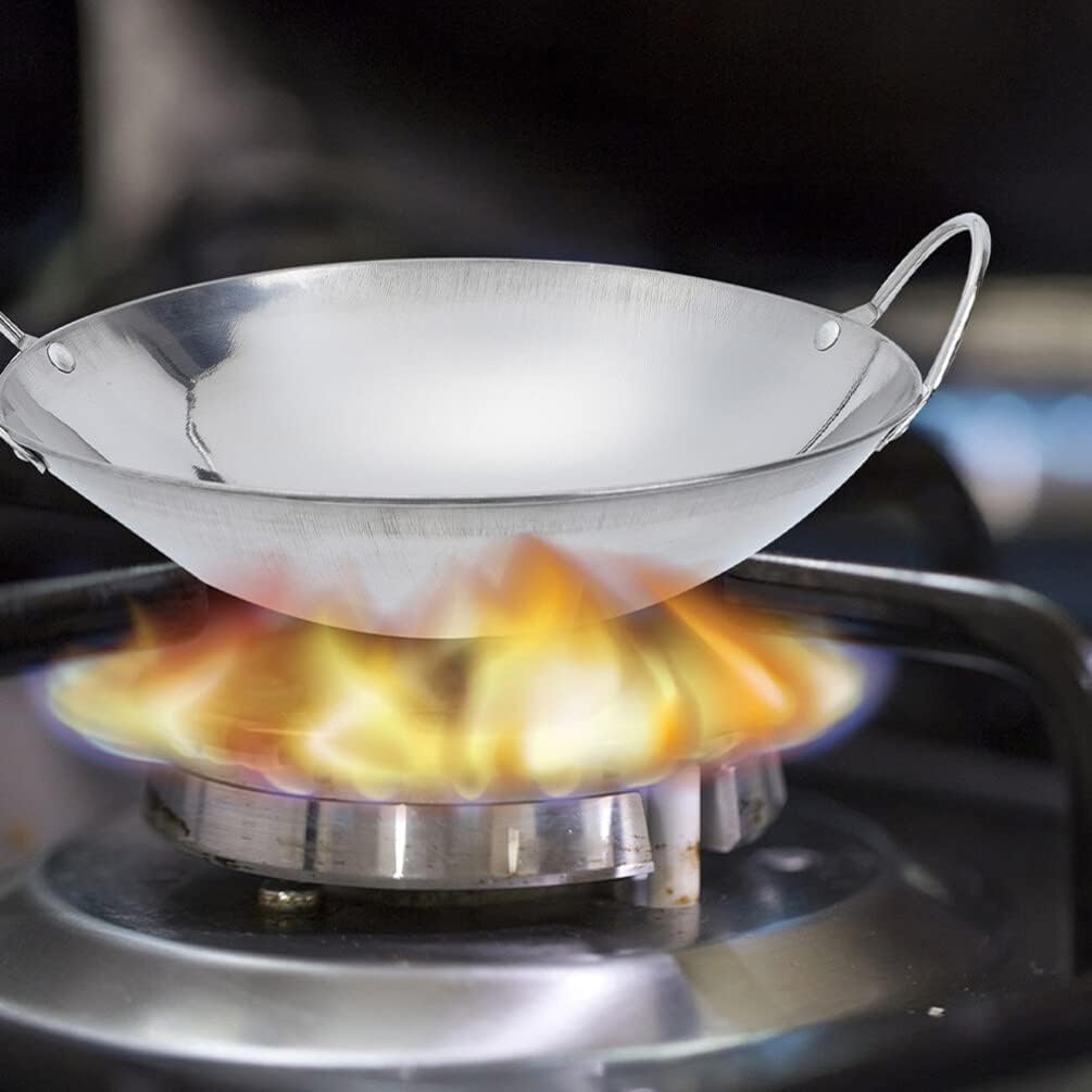 Happyyami Sartén de metal para wok, 2 piezas de acero inoxidable, sartén pequeña con doble mango antiadherente para estufas de gas eléctricas de