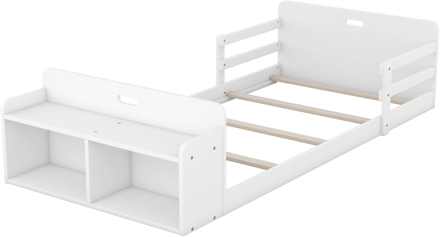 Cama de suelo de tamaño individual con rieles y banco de almacenamiento, marco de cama de madera para niños con cabecera y estribo, no necesita