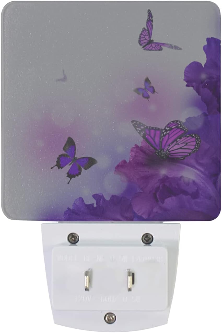 ALAZA Juego de 2 luces de noche de flores moradas, tulipán de mariposa, luces LED de noche enchufables automáticas del atardecer al amanecer,