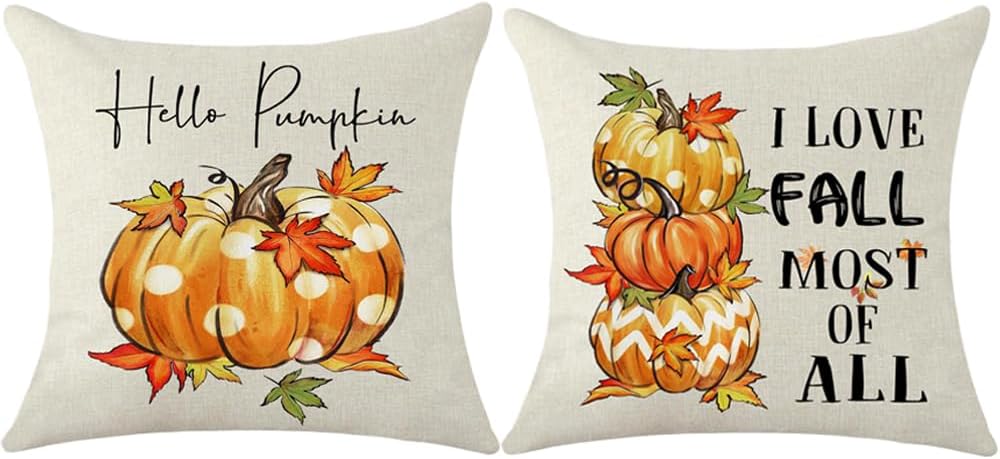 Juego de 2 fundas de almohada decorativas de lino y algodón con diseño de calabazas naranjas con texto en inglés “I Love Fall Most of All Home para
