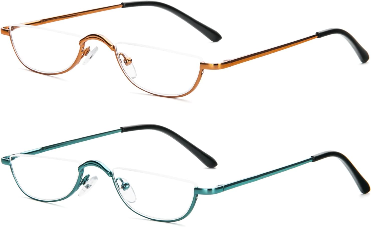 KoKoBin Lentes de lectura de media lectura, 2 pares de lentes con marco de metal de medio borde para hombres y mujeres, (verde+amarillo 1.00)