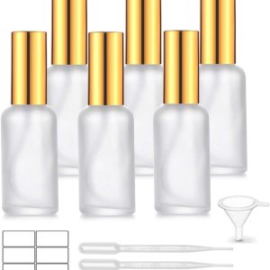Paquete de 6 botellas de vidrio esmerilado de 1.7 onzas con atomizador de niebla fina y tapa de bomba dorada, recipientes vacíos de perfume de Paquete de 6 botellas de vidrio esmerilado de 1.7 onzas con atomizador de niebla fina y tapa de bomba dorada, recipientes vacíos de perfume de