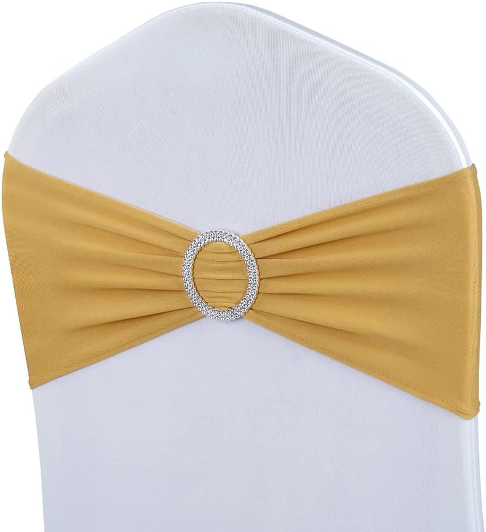 Bandas elásticas para sillas de elastano con hebilla deslizante para decoración de bodas y fiestas (dorado, 25 unidades)