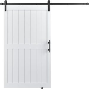 Puerta corrediza de granero MDF de 48 x 80 pulgadas con kit de herrajes para puerta de granero de 8 pies y asa, agujeros preperforados, fácil Puerta corrediza de granero MDF de 48 x 80 pulgadas con kit de herrajes para puerta de granero de 8 pies y asa, agujeros preperforados, fácil