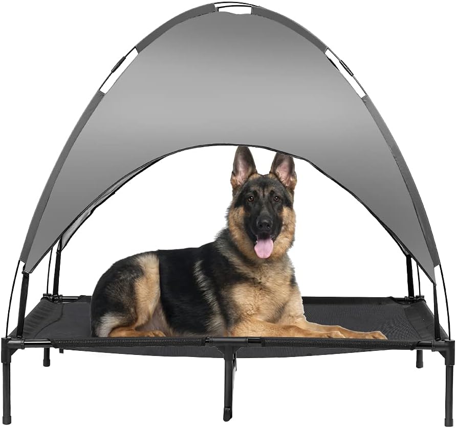 Cama elevada para perros de 50 pulgadas con toldo, cuna elevada para mascotas con parasol extraíble para campamento, PVC 600D de lujo con cama de
