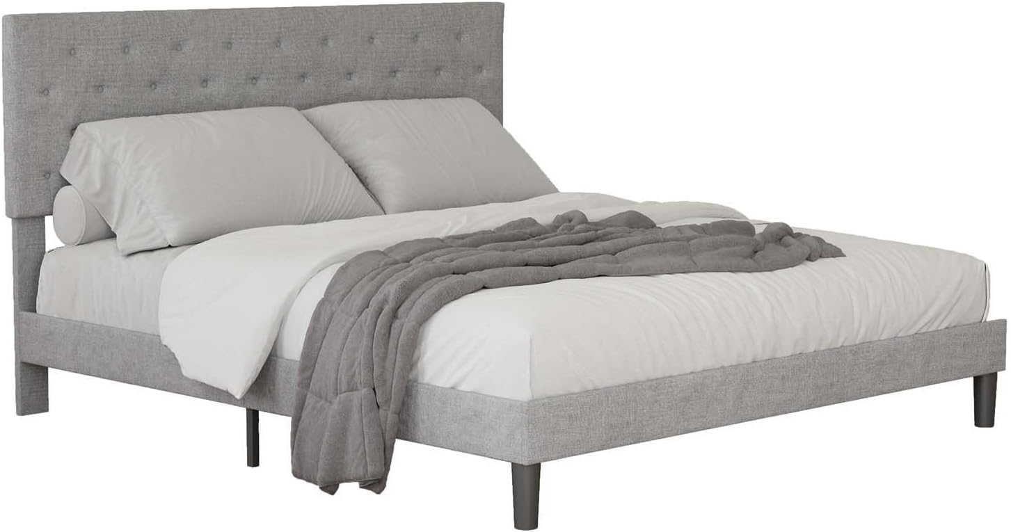 Base de cama tapizada de tamaño matrimonial con cabecera de botón ajustable, base de colchón con soporte de listones de madera, no necesita somier,